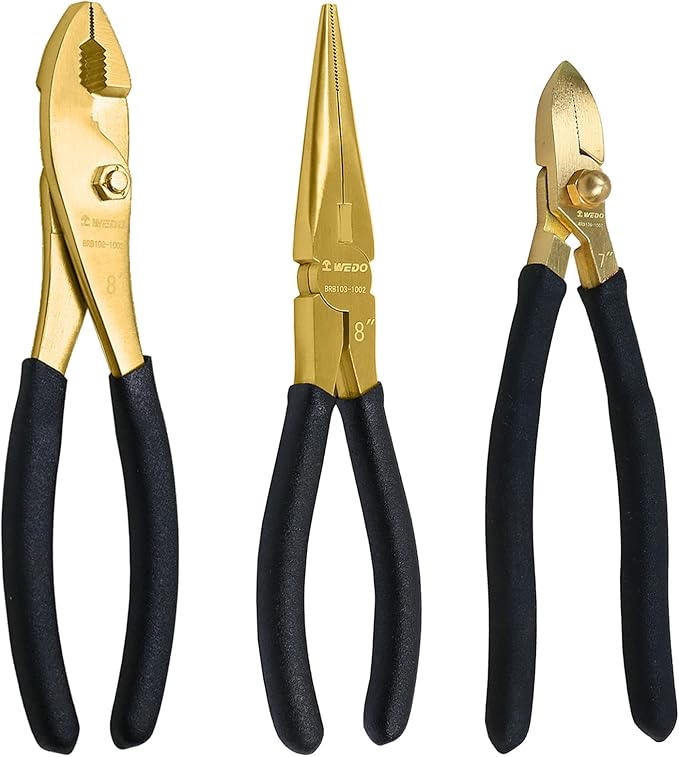 WEDO 3-Piece Brass Pliers Set - Non-Slip Handle, 8" Snipe Nose, 8" Slip Joint, 7" Diagonal Cutting