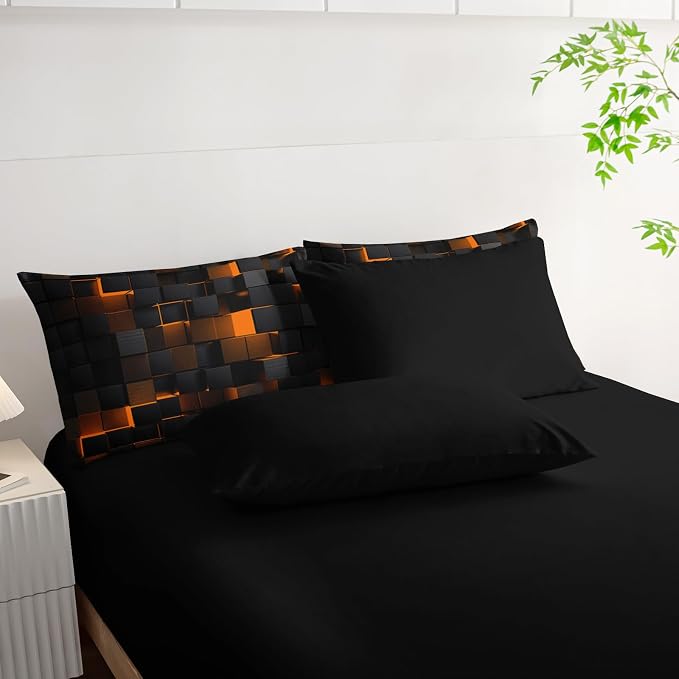 Nttopship Geometric Yellow Black Full Comforter Set,Light Honeycomb Bedding Set 7 Piece in A Bag,Bed Sheet Set Geometry Decor,Microfiber Lightweight All Season
