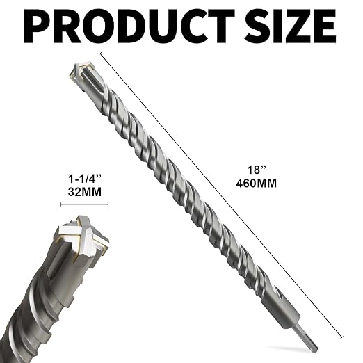 SDS Plus Rotary Hammer Drill Bits, (1-1/4"*18"-32mm*460mm) - 4 Carbide Cutting Edges, Ideal for Masonry| Heavy-Duty Masonry |Hammer Drill Bits for Precision Drilling