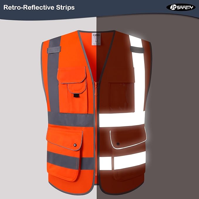 JKSafety 9 Pockets Class 2 High Visibility Zipper Front Safety Vest With Reflective Strips, Meets ANSI/ISEA Standards (150-Orange XL)