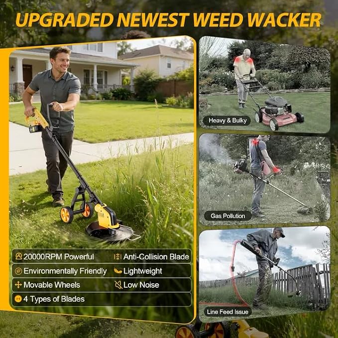 Electric Weed Wacker Cordless, Electric String Trimmer with 3 Types Blades & Removable Auxiliary Wheels, Brush Cutter & Grass Trimmer & Lawn Edger with for Garden Yard (YellowA)