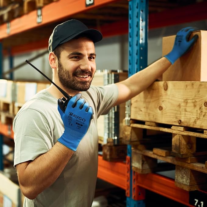 KAYGO Work Gloves for Men and Women,12 Pairs Seamless Knit PU Coated Safety Gloves, with Smooth Grip on Palm and Fingers, Ideal for Light Warehouse, Manufacturing, Gardening, KG11P (S, Blue)