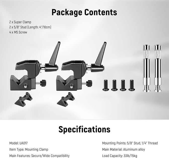 NEEWER 2 Pack Super Clamp with 5/8" Stud, Spring Lock, 2.4" Jaw Grip Heavy Duty Crab Pole Clamp for Round Pipe Flat Surface, for Photography Studio Camera Lighting Mounting, Max Load 33lb/15kg, UA017