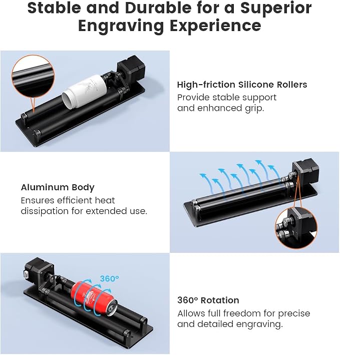 Algolaser Mini Rotary Roller - 360° Adjustable Rotary Roller - Y-axis Rotary Roller Attachment for Cylindrical Objects Tumblers,Bottle – No Laser Function