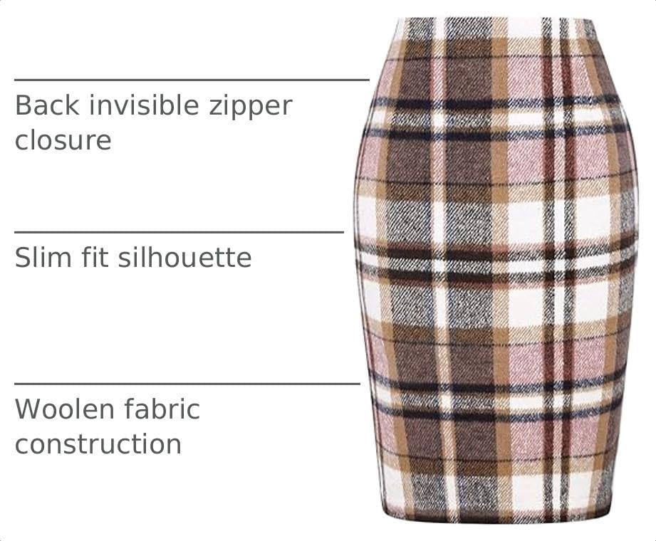 IDEALSANXUN Plaid Skirts for Women Fall Winter Knee Length Pencil Wool Skirt with Slit