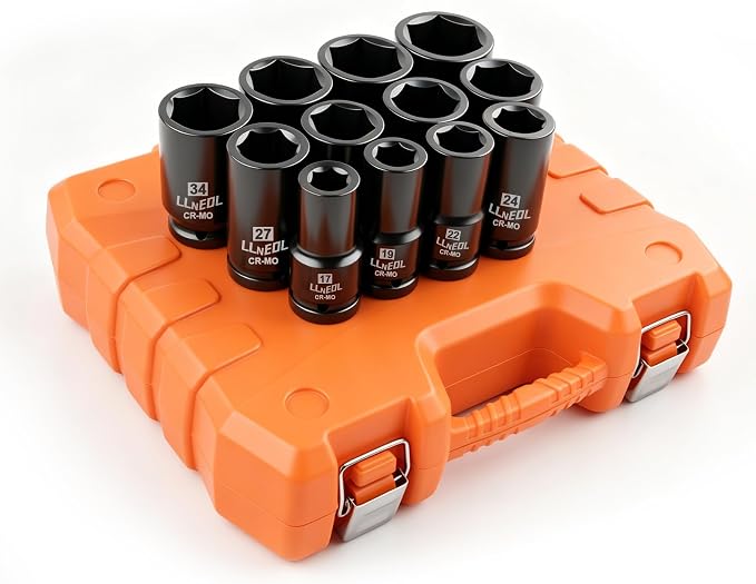 LLNEDL 3/4 Inch Drive Socket Set, 12Pcs Impact Deep/Jumbo Sockets, Metric 17mm to 41mm, 6-Point CR-MO Heavy-Duty Big Socket Set for Large Vehicle & Equipment Maintenance