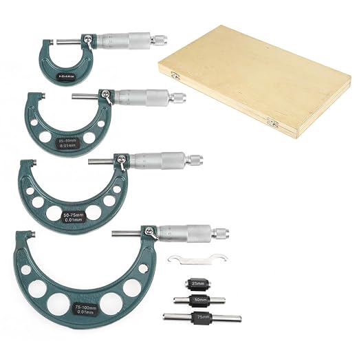 Oumefar 0‑100mm Outside Micrometer Set, 4pcs Cast Iron Outside Micrometers 0.01mm Accuracy External Micrometer 0-4 Inch for Diameter Measurement with Case