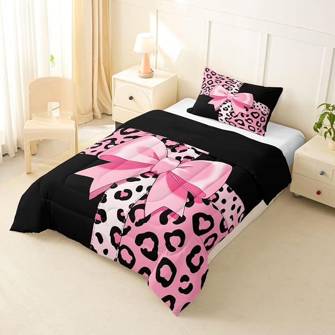 Feelyou Leopard Print Comforter Set All Season Cute Cheetah Bow Bedding Set with 1 Pillow Cases Animal Fur Microfiber Kids Toddler Bedclothes Bedroom Decor Duvet Quilt Breathable Soft Lightweight