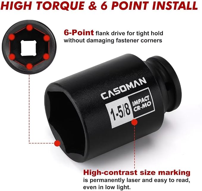 CASOMAN 11PCS 1/2-Inch Drive Large Impact Socket Set, 6 Point, 1-3/8-Inch to 2-Inch, SAE Spindle Axle Nut Impact Socket Set, CR-MO