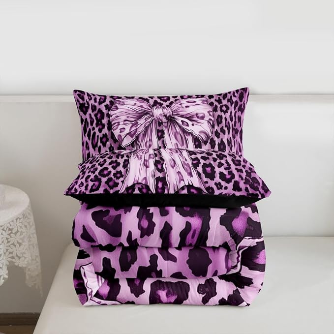Feelyou Leopard Print Kids Comforter Set King Size Purple Cheetah Print Bedding Set Bowknot Duvet Quilt for Kids Boys Girls Bedroom Decor Microfiber Ultra Soft Breathable