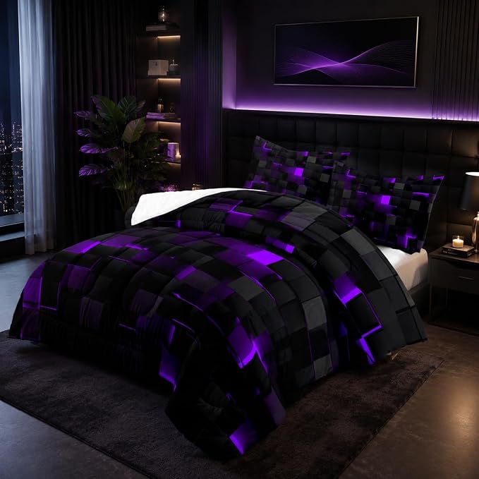 Geometric Violet Black Comforter Set,Light Honeycomb 3 Piece Bedding Set Full Size for Teen Boys,Modern Bedding Quilt Set Geometry Decor,Microfiber Lightweight 1 Comforter 2 Pillowcases All Season