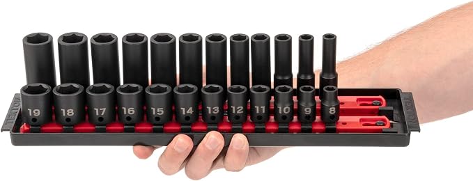 TEKTON 3/8 Inch Impact Socket Set, 42-Piece | SID91216 | (5/16 - 3/4 in., 8 - 19 mm), Shallow and Deep, 6-Point, Socket Rail