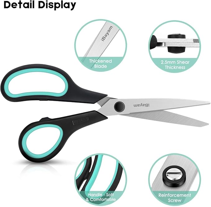 iBayam 3-Pack 8" Heavy Duty Scissors with Ultra Sharp Blades and Comfort Grip Handles - For Office, Home, School, Sewing, and Crafts