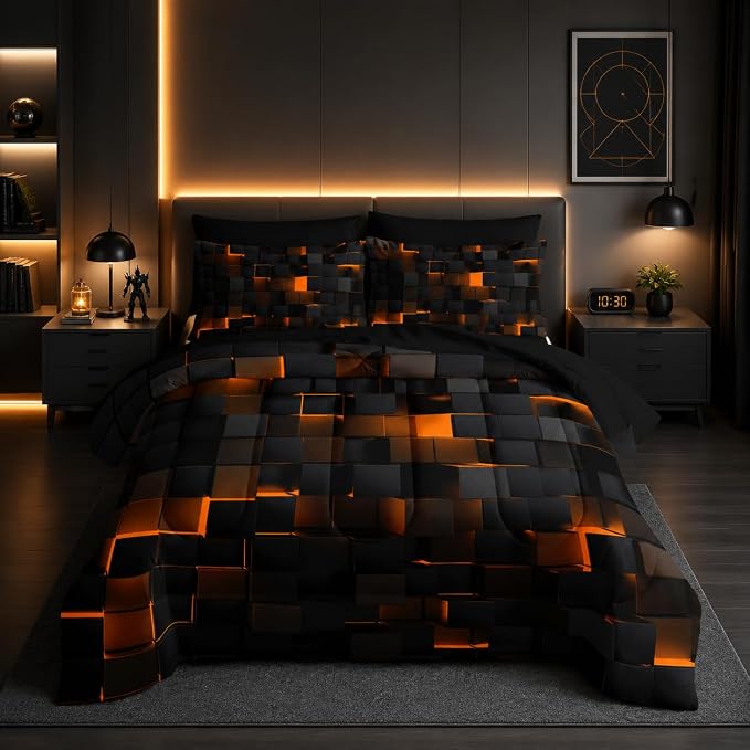 Nttopship Geometric Yellow Black Queen Comforter Set,Light Honeycomb Bedding Set 7 Piece in A Bag,Bed Sheet Set Geometry Decor,Microfiber Lightweight All Season