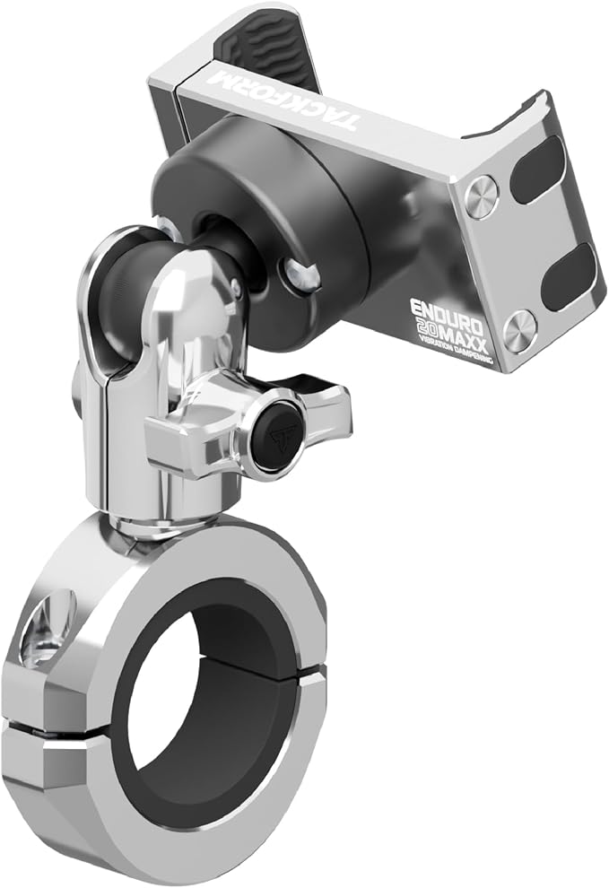 Tackform Chrome Motorcycle All Metal Phone Mount - Vibration Dampening 20MAXX Spring Cradle | Universal Clamp Fits 1-1/4" to 1-1/2" Handlebars | Compatible with iPhone, Galaxy, More | Short Reach
