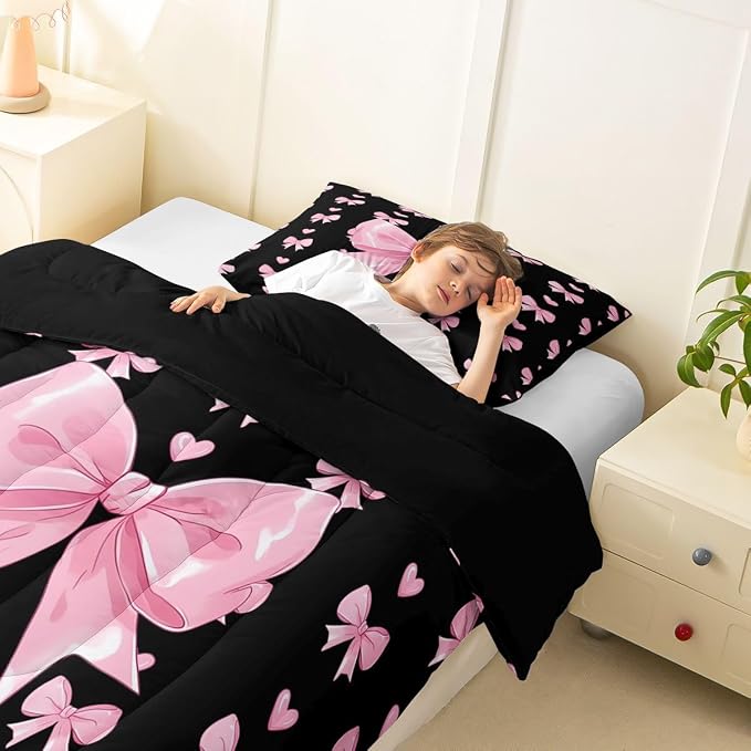 Feelyou Cute Black Pink Bowknot Kids Comforter Set Twin Size Love Hearts Bow Bedding Set Girly Bow Tie Duvet Quilt for Kids Boys Girls Bedroom Decor Microfiber Ultra Soft Breathable