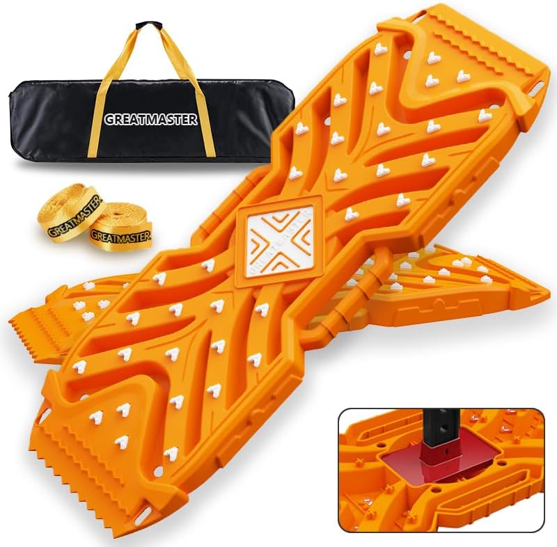 Traction Boards Recovery Boards (Pair) – 42″ × 14″ PA66 Off-Road Tracks with 34 High-Strength Contrasting-Color Spikes, Flip-Shovel & Jack-Base Design, Tow Strap – Sand, Mud, Snow 4×4 SUV ATV Truck