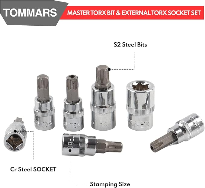 TOMMARS 60-Pc Master Torx Bit Socket & External Socket Set | 1/4", 3/8", 1/2" Drive, S2 Steel Bits, CRV Sockets, E4-E24, T6-T70, TT6-TT70, TP8-TP60