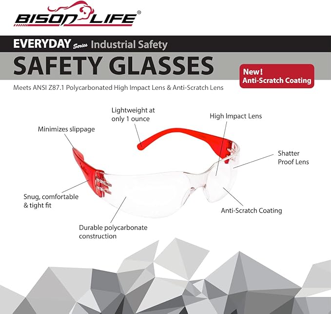 BISON LIFE Clear Safety Glasses – ANSI Z87.1 Scratch & Impact Resistant Wrap Around Eye Protection Goggles for Men & Women