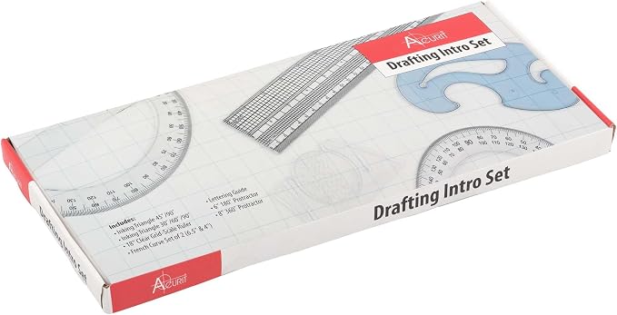 Acurit Drafting Beginner Set - Drafting Tools & Supplies - 7-Piece Drafting Kit for Artists, Architects- Includes Metric Triangles, 8" Protractor, French Curves, Ruler, Pencils & More
