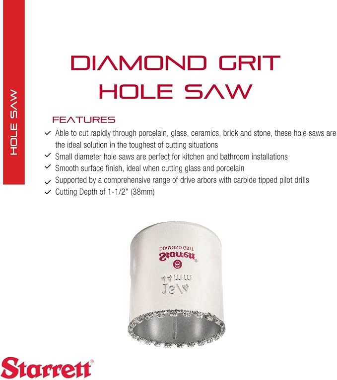 Starrett Diamond Grit Hole Saw 1-3/4" Dia, 1-5/8" Cutting Depth | Ideal For Small Diameter Drilling Holes, 5/8-18 Thread Size, XA2 Or XA10 Arbor Type, Silver Finish, KD0134-N