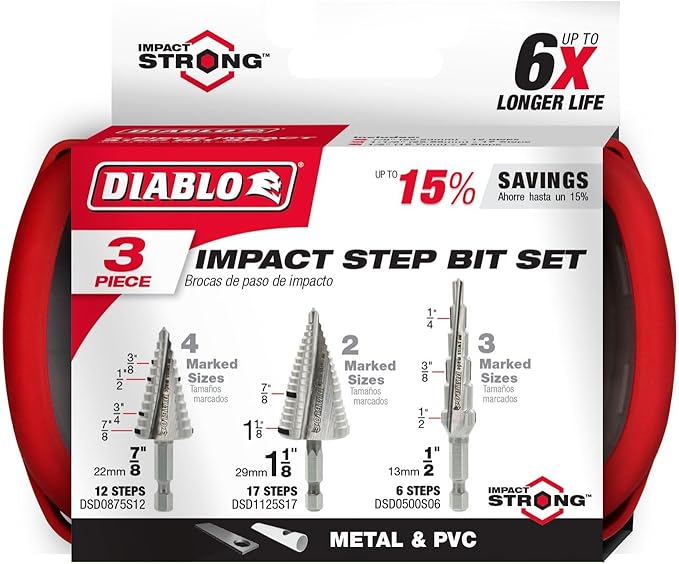 Diablo Impact Strong Step Drill Bit Set - Fast, Precise Drilling in Thin Metals, Plastic and Steel - Split Point Tip, Optimized Dual Flute Design, 3-Piece Set - DSDS003