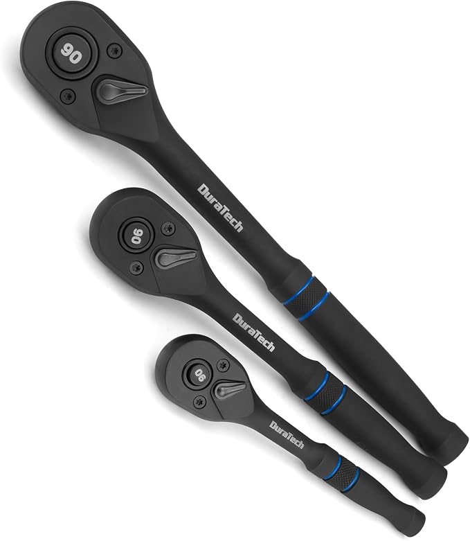 DURATECH 3-Piece Drive Ratchet, 90-Tooth Quick-release Ratchet Wrench | 1/4", 3/8", 1/2" Socket Wrench for Men Women, Reversible, Cr-V Made, 4° Swing, Manganese Phosphate Black Finish