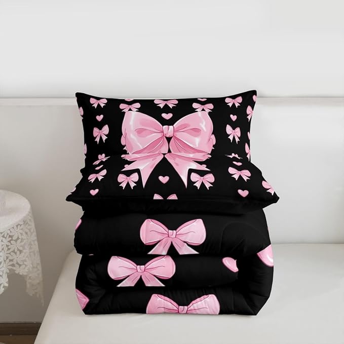 Feelyou Cute Black Pink Bowknot Kids Comforter Set Full Size Love Hearts Bow Bedding Set Girly Bow Tie Duvet Quilt for Kids Boys Girls Bedroom Decor Microfiber Ultra Soft Breathable