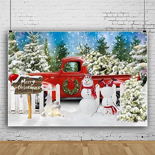 Winter Christmas Snowman Red Truck Backdrop 7x5ft Merry Christmas Winter Forest Photography Background Xmas Theme Party Decorations Studio Photo Booth Props