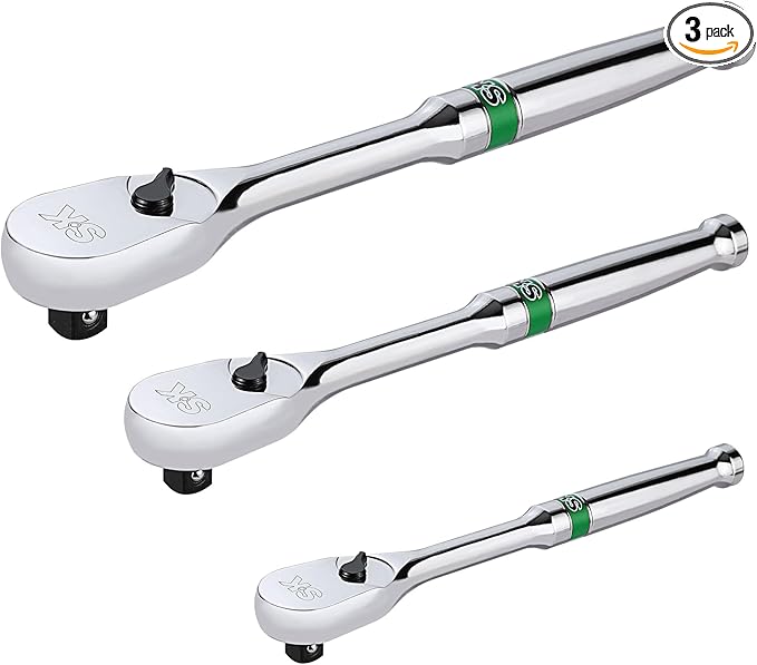 SK 3-Piece Ratchet Set, 1/4", 3/8", 1/2" Drive Ratchet, 90-Tooth Pear Head | Alloy Steel, Reversible Switch for One-Handed Operation, Heat Treated SuperKrome Finish,Enclosed Head with Contoured Handle