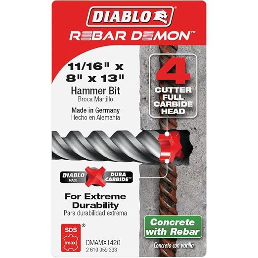 Diablo Rebar Demon SDS-Max 4-Cutter Full Carbide Head Hammer Drill Bit with Tri-Metal Fusion Welding - 11/16" Diameter, 13" Length, 8" Working Length - DMAMX1420