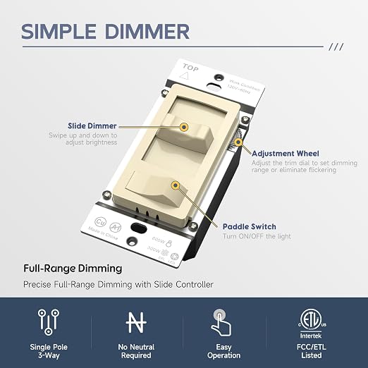 ECOELER Slide Dimmer Switch, Single-Pole/3 Way, Full Range Dimming for 300W Dimmable LED/CFL Lights and 600W Incandescent/Halogen, Wall Plate Included, ETL Listed, Ivory, 2 Pack