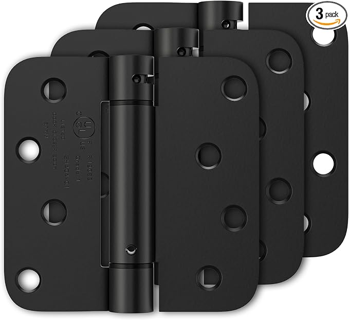 Luxbaro 3 Pack Self Closing Door Hinges 4 Inch, Matte Black Spring Loaded Hinges with 5/8'' Radius Corners, Adjustable Tension for Garage, Front Door, for Left and Right Hand Door, UL Listed