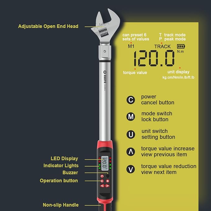 VANPO Digital HVAC Torque Wrench 5-99.6 ft.lb, 38mm Adjustable Jaw | 6.8-135 N.m, ±2% Accuracy, LED Buzzer Alert, 14x18mm Open End, Adjustable Digital Torque Wrench for Mini Split AC, Pipeline