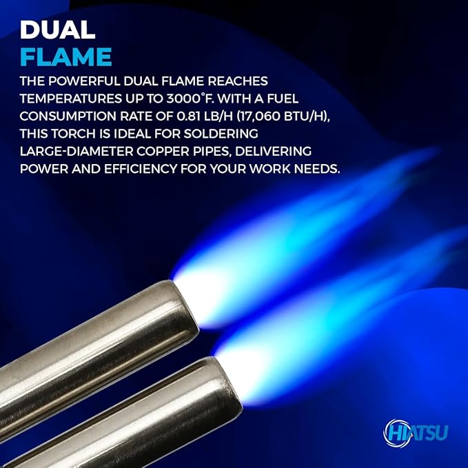 HIATSU Double Flame Jet Turbo Torch Head - High Output Heavy Duty Propane Torch Head for Brazing and Soldering - Stainless Steel and Brass Construction Torch Head - 360° Rotating Shaft