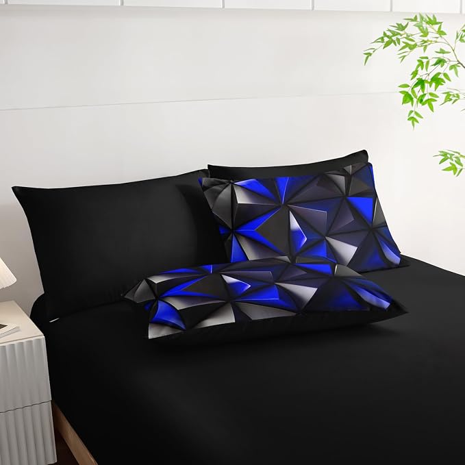 Geometric King Comforter Set,Blue Black Honeycomb Bedding Set 7 Piece with Comforter Fitted Sheet Flat Sheet Pillowcases,Bed Sets Geometry Decor,Microfiber Lightweight All Season.