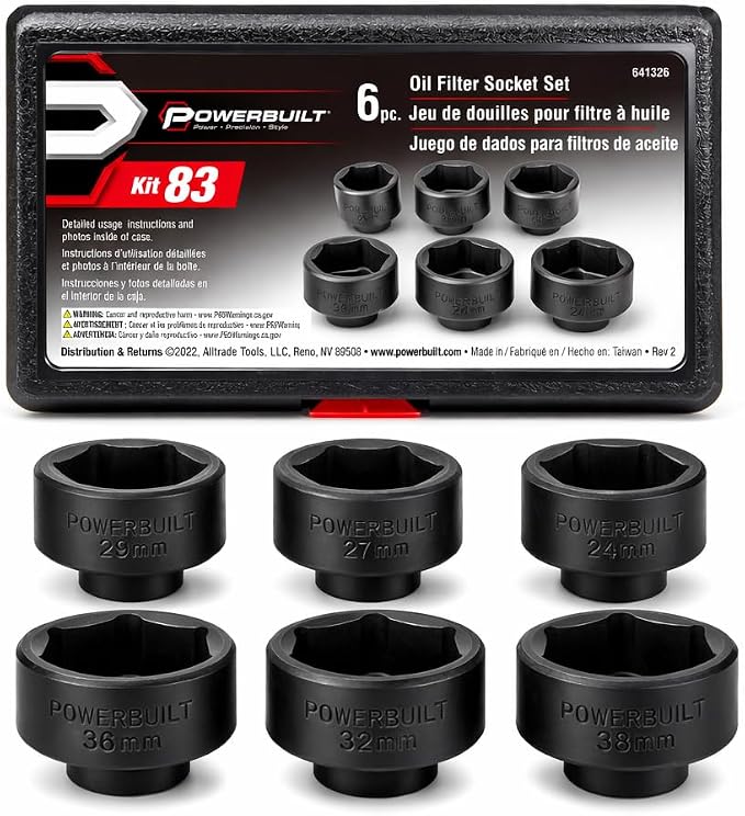 Powerbuilt 6 Piece Low Profile Oil Filter Socket Set, 3/8" Drive 24mm 27mm 29mm 32mm 36mm 38mm Oil Filter Wrench Set, for Mercedes Benz, VW, BMW, GM, Opel, Dodge - 641326