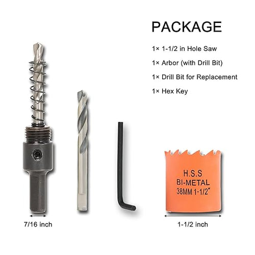 1-1/2 inch Hole Saw with Arbor for Metal Wood Plastic, 1.5 in Bimetal Hole Cutter for Different Project with Smooth and Flat Drilling Edge, Fast Chip Removal