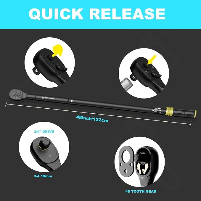 3/4" Click Torque Wrench, 200-1000 Ft-Lb/271-1355 Nm, Heavy Duty | ±3% Accuracy, 48-Tooth Quick Release, Cr-V Steel, Dual-Direction, for Heavy Truck, Tractor, Diesel, Mining & Oil Field