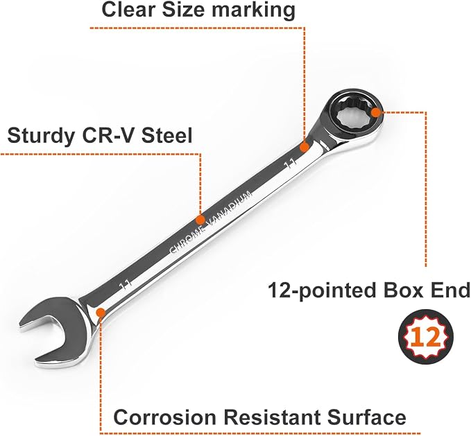 Egofine 11mm Ratcheting Combination Wrench Metric, Industrial Grade Gear Spanner with 12-Point Design, 72-Tooth Ratchet, Chrome Vanadium Steel