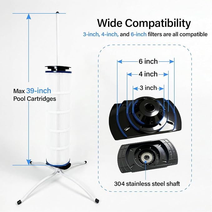 Pool Cartridge Filter Cleaning Stand with Installation Tool Kit & Hands-Free Design for Easy Removal & Reinstall – Fits 3", 4", 6" Filters