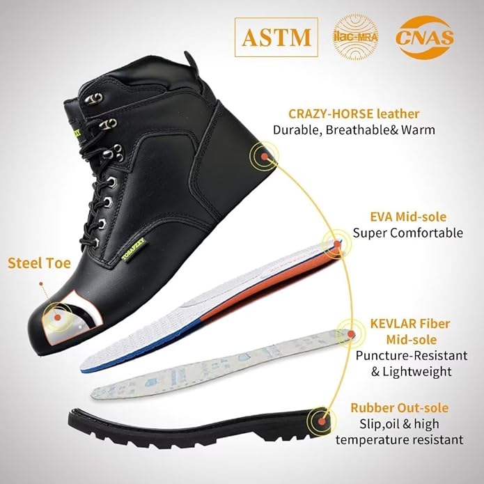 Work Safety Boots for Men Durable Crazy-Horse Leather Indestructible Steel Toe Waterproof and Non-Slip Better Warmth Men Work Shoes