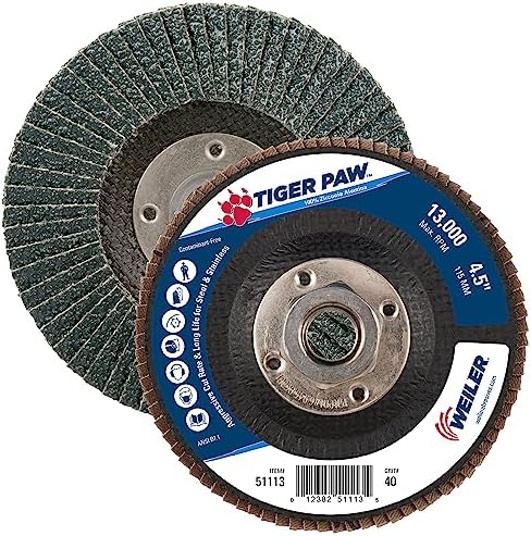 Weiler 51113 4-1/2" Tiger Paw Abrasive Flap Disc, Flat (Ty27), Phenolic Backing, 40Z, 5/8"-11 Unc Nut (Pack of 10)