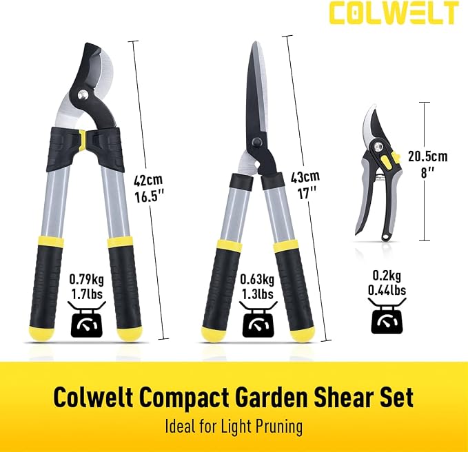 Colwelt Loppers Hedge Clippers Garden Shears 3Pcs, Compact Garden Loppers Shear Set with 17’’ Bypass Branch Cutters & Hedge Shears & Pruners, Tree Shrub Care Kit for Lopping with Soft Grip Handle