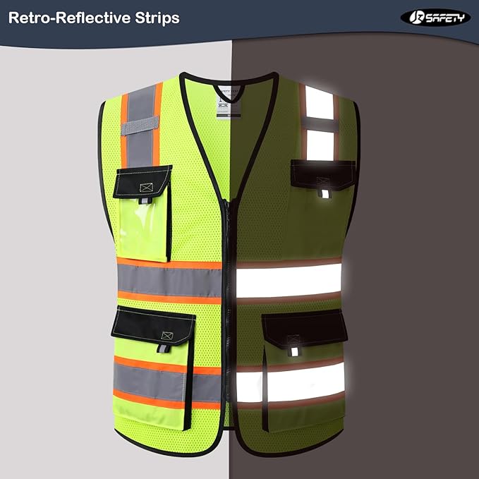 JKSafety Hi Vis Reflective Safety Vests for Men Women High Visibility Vest with Pockets Mesh Fabric Construction Safety Apparel Neon Vest for Work (220-Yellow 5XL)
