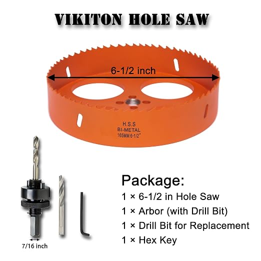 6.5 Inch Hole Saw with Arbor for Metal Wood Plastic, 6-1/2 in Bi-Metal Hole Cutter for Different Project with Smooth and Flat Drilling Edge, Fast Chip Removal,Lighter and Portable