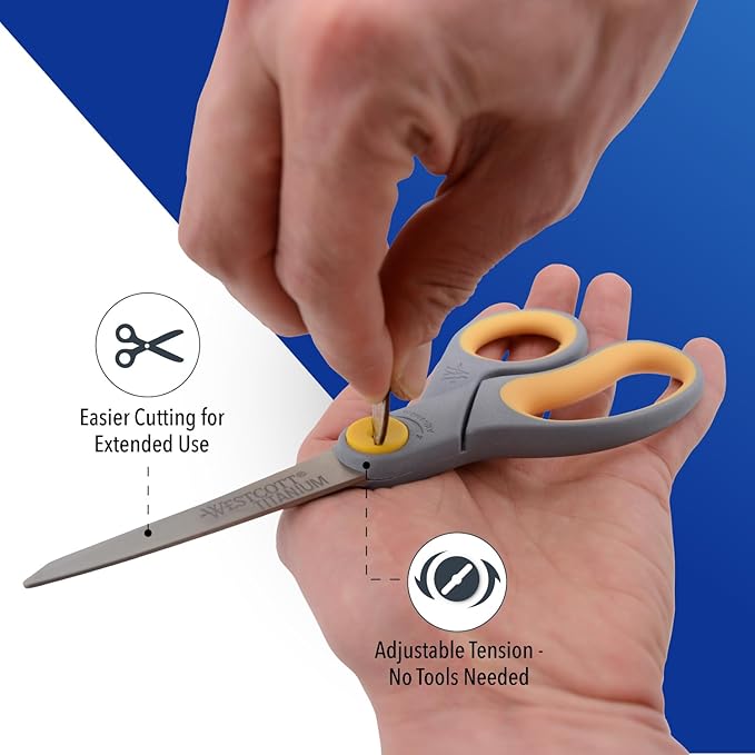 Westcott 8” Titanium Bonded Scissors with Adjustable Glide and Soft Handle, 2-Pack- Durable Multipurpose Scissors for Office, Home, and School Use, Sharp Precision Blades for Everyday Cutting