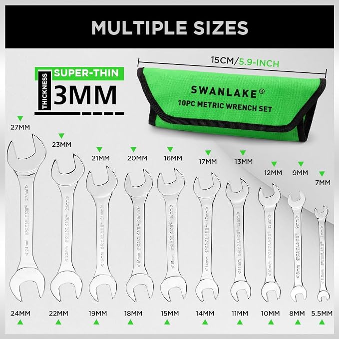 SWANLAKE GARDEN TOOLS 19-Piece Super-Thin Open End Wrench Set with Rolling Pouch, Metric 5.5–27 mm & SAE 1/4"-1-1/16", 3 mm Thickness Slim Spanner Wrench Set, Carbon Steel
