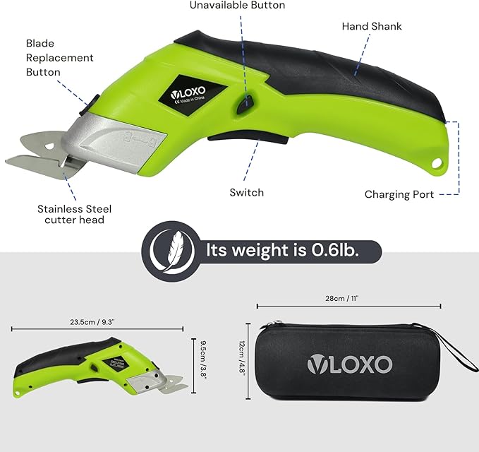 Cordless Electric Scissors, VLOXO Cardboard Cutter Electric Fabric Scissors with Blades Rechargeable Powerful Fabric Cutter for Crafts Leather Carboard Carpet Plastic Felt with Case Green CS4001