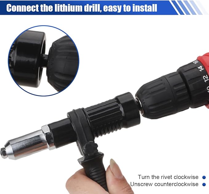 Pop Rivet Gun Tool, Cordless Electric Power Drill Adapter Kit with 4 Rivet Heads 2.4mm/3.2mm/4.0mm/4.8mm, Riveter Insert Nut Tool Attachment for Auto Modification & Repair (Black)